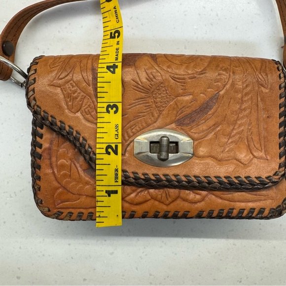 Vintage Handmade Tooled Leather Embossed Flap Over Mini Handbag Purse Western - Picture 3 of 6